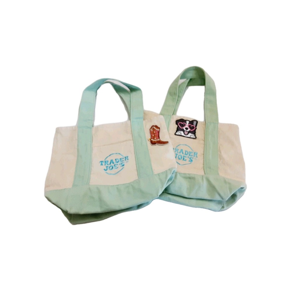 Trader Joe's Canvas Tote Mini Bag Set Of 2 Mint Green Reusable Grocery Shopper